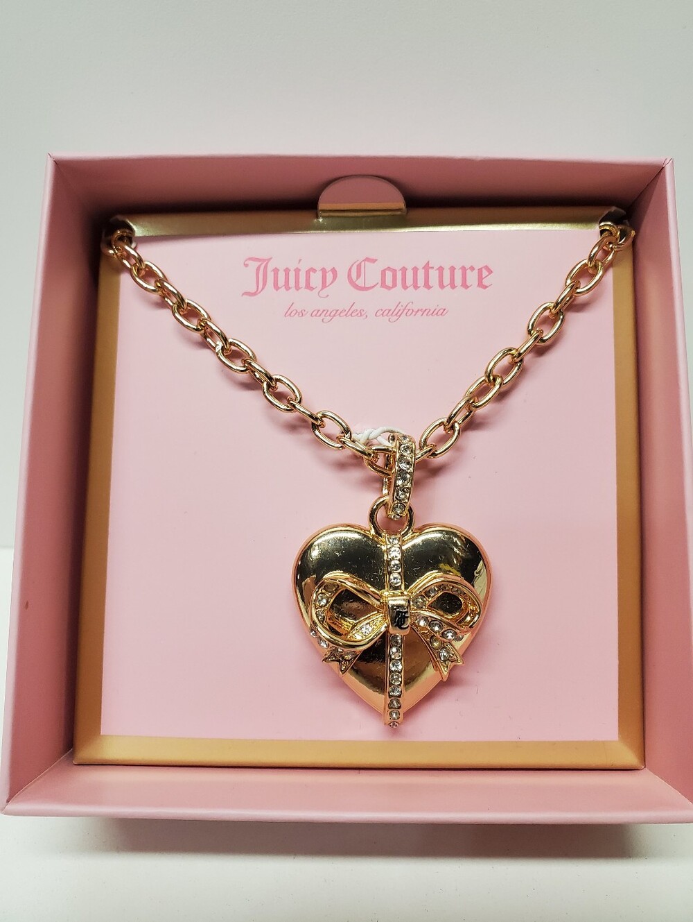 Juicy Couture Gold Heart Locket Necklace with Bow and Crystals